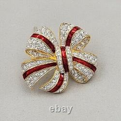 JOAN RIVERS CHRISTMAS BOW BROOCH Vintage Rhinestone Enamel Holiday Pin