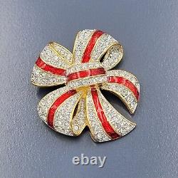 JOAN RIVERS CHRISTMAS BOW BROOCH Vintage Rhinestone Enamel Holiday Pin