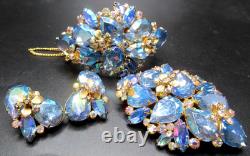 JOSANE Amazing Blue Rhinestone Flowers Vintage Bracelet Brooch Earring Set