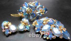 JOSANE Amazing Blue Rhinestone Flowers Vintage Bracelet Brooch Earring Set
