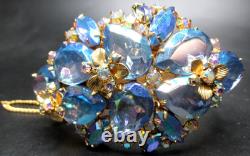 JOSANE Amazing Blue Rhinestone Flowers Vintage Bracelet Brooch Earring Set