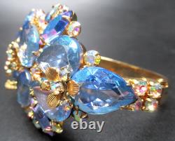 JOSANE Amazing Blue Rhinestone Flowers Vintage Bracelet Brooch Earring Set