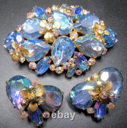 JOSANE Amazing Blue Rhinestone Flowers Vintage Bracelet Brooch Earring Set