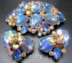 JOSANE Amazing Blue Rhinestone Flowers Vintage Bracelet Brooch Earring Set