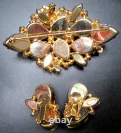 JOSANE Amazing Blue Rhinestone Flowers Vintage Bracelet Brooch Earring Set