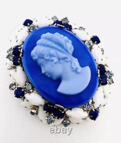 JULIANA Delizza & Elster Rare BLUE Cameo & Rhinestone Brooch Vintage Jewelry