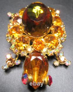 JULIANA Watermelon & Amber Rhinestone Figural Turtle BOOK PIECE Vintage Brooch