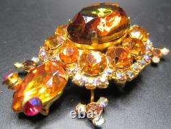 JULIANA Watermelon & Amber Rhinestone Figural Turtle BOOK PIECE Vintage Brooch