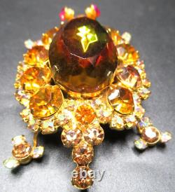 JULIANA Watermelon & Amber Rhinestone Figural Turtle BOOK PIECE Vintage Brooch