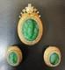 Jomaz Gold Tone Green Cabochon Rhinestone Brooch Earrings Set Vintage DS51