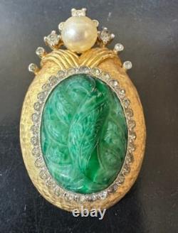 Jomaz Gold Tone Green Cabochon Rhinestone Brooch Earrings Set Vintage DS51