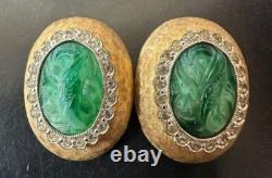 Jomaz Gold Tone Green Cabochon Rhinestone Brooch Earrings Set Vintage DS51