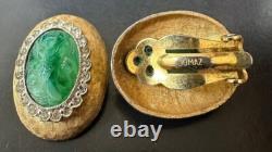 Jomaz Gold Tone Green Cabochon Rhinestone Brooch Earrings Set Vintage DS51