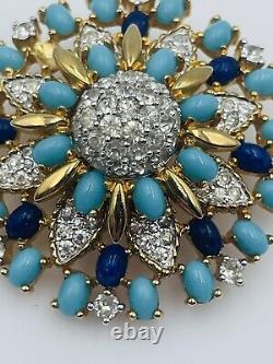 Jomaz Vintage Gold Plated Turquoise & Lapis Color Glass Cabochon Costume Pin