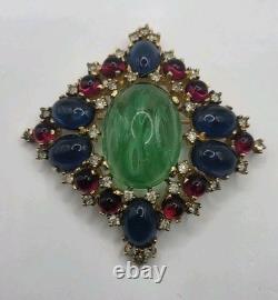 Jomaz Vintage Gold Tone Brooch Pin Faux Turquoise Jewels Poured Glass Rhinestone