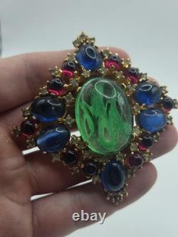 Jomaz Vintage Gold Tone Brooch Pin Faux Turquoise Jewels Poured Glass Rhinestone