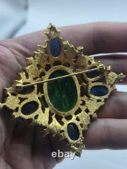 Jomaz Vintage Gold Tone Brooch Pin Faux Turquoise Jewels Poured Glass Rhinestone
