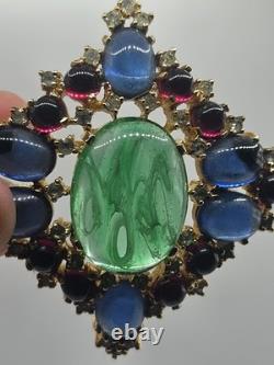 Jomaz Vintage Gold Tone Brooch Pin Faux Turquoise Jewels Poured Glass Rhinestone