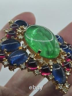 Jomaz Vintage Gold Tone Brooch Pin Faux Turquoise Jewels Poured Glass Rhinestone