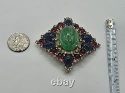 Jomaz Vintage Gold Tone Brooch Pin Faux Turquoise Jewels Poured Glass Rhinestone