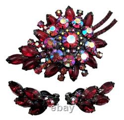Juliana Brooch Earring Set Red Aurora Borealis Rhinestone Vintage D&E