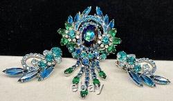 Juliana Brooch Earrings Set Rare Vintage Gilt Blue Glass Rhinestone Dangle A10