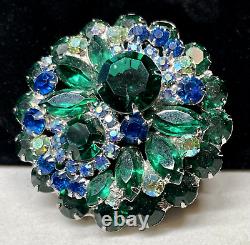 Juliana Brooch Rare Vintage Blue Green Rhinestone 2-1/4 Statement Pin A60