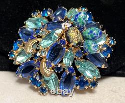 Juliana Brooch Rare Vintage Gilt Blue Glass Rhinestone 2 Statement Pin A50