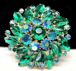 Juliana Brooch Rare Vintage Gilt Blue Green Glass Rhinestone 2-1/2 Pin A24