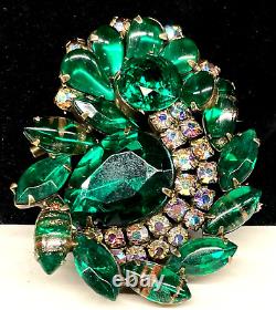 Juliana Brooch Rare Vintage Gilt Green Glass Rhinestone 2-1/2 Pin A46