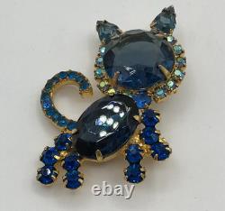 Juliana D&E Vintage Cat Brooch Blue & AB Rhinestones Gold Tone READ