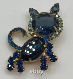 Juliana D&E Vintage Cat Brooch Blue & AB Rhinestones Gold Tone READ