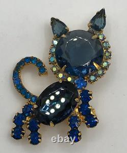 Juliana D&E Vintage Cat Brooch Blue & AB Rhinestones Gold Tone READ