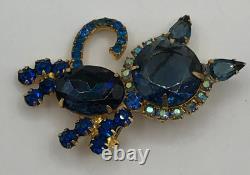 Juliana D&E Vintage Cat Brooch Blue & AB Rhinestones Gold Tone READ