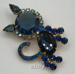 Juliana D&E Vintage Cat Brooch Blue & AB Rhinestones Gold Tone READ