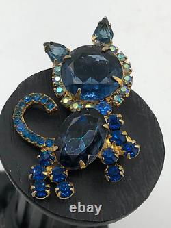 Juliana D&E Vintage Cat Brooch Blue & AB Rhinestones Gold Tone READ