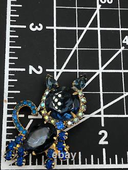 Juliana D&E Vintage Cat Brooch Blue & AB Rhinestones Gold Tone READ