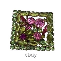 Juliana D&E Vtg Rhinestone Brooch Pink Uranium Glass Green Floral Design Glows