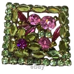 Juliana D&E Vtg Rhinestone Brooch Pink Uranium Glass Green Floral Design Glows