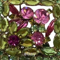Juliana D&E Vtg Rhinestone Brooch Pink Uranium Glass Green Floral Design Glows