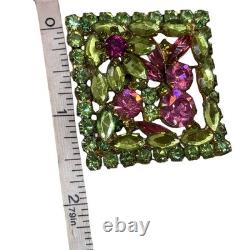 Juliana D&E Vtg Rhinestone Brooch Pink Uranium Glass Green Floral Design Glows