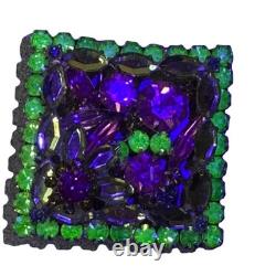 Juliana D&E Vtg Rhinestone Brooch Pink Uranium Glass Green Floral Design Glows