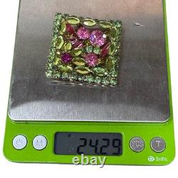 Juliana D&E Vtg Rhinestone Brooch Pink Uranium Glass Green Floral Design Glows