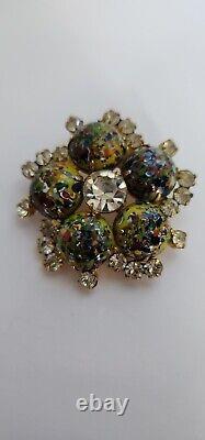 Juliana D&E Yellow Millefiori Art Glass Murano Rhinestone Vintage Brooch Pin