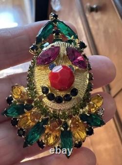 Juliana Original Vtg Green Gold Rhinestone Clown Figural Pin Brooch Super Rare