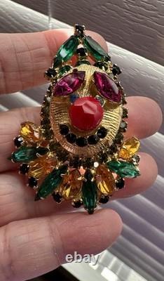 Juliana Original Vtg Green Gold Rhinestone Clown Figural Pin Brooch Super Rare