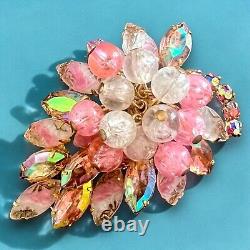 Juliana Pink Crystal Leaf Brooch Aurora Borealis Rhinestone Cha Cha Vintage