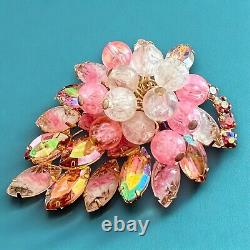 Juliana Pink Crystal Leaf Brooch Aurora Borealis Rhinestone Cha Cha Vintage