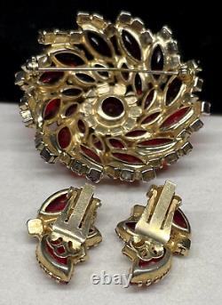 Juliana Style Brooch Earrings Set Rare Vintage Gilt Red AB Rhinestone A45