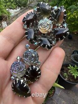 Juliana Vintage Carved Molded Glass Flowers Rhinestone Brooch & Earrings